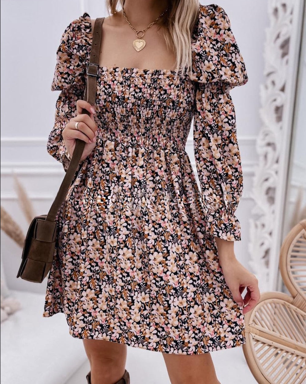 Floral Puff Sleeve Pleated Dress