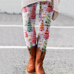 Christmas Tree Cat Print Casual Leggings