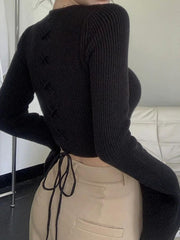 Solid Square Neck Tie Back Trumpet Sleeve Sweater