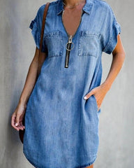 Solid Short Sleeve Loose Denim Mini Dress