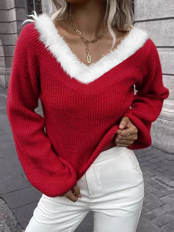 Plush V-Neck Balloon Sleeve Sweater