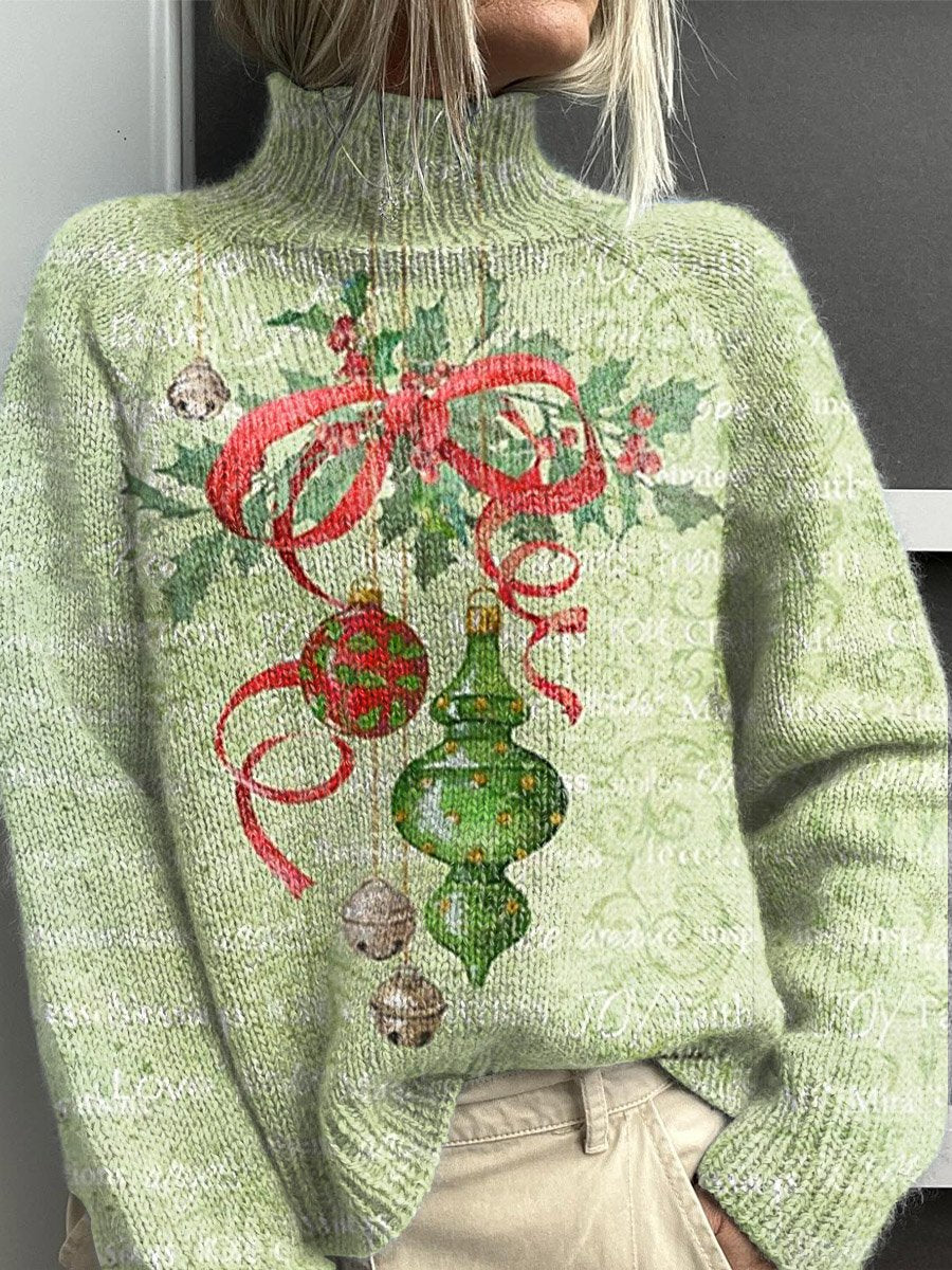 Christmas Art Print Knitted Turtleneck Pullover Sweater