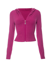 Solid Zip Up Hooded Cropped Long Sleeve Knit