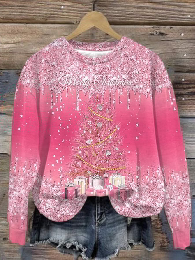 Casual Christmas Tree Print Long Sleeve Sweatshirt
