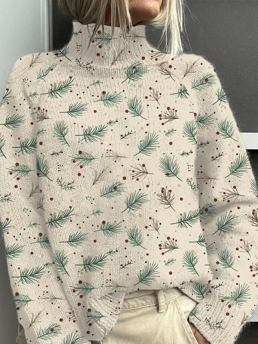 Lovely Christmas Floral Art Print Knit Turtleneck Pullover Sweater