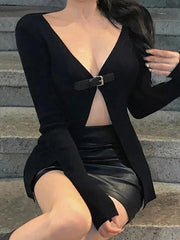 V Neck Belted Buckle Slit Cropped Long Sleeve Tee