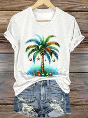 Christmas Tree Print V-Neck T-Shirt