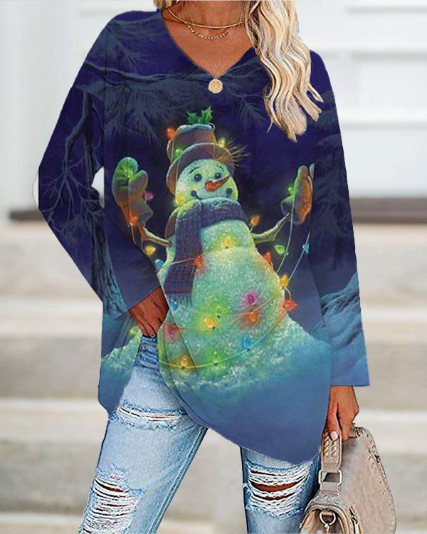 Christmas Snowman Print Casual Long-Sleeve T-Shirt