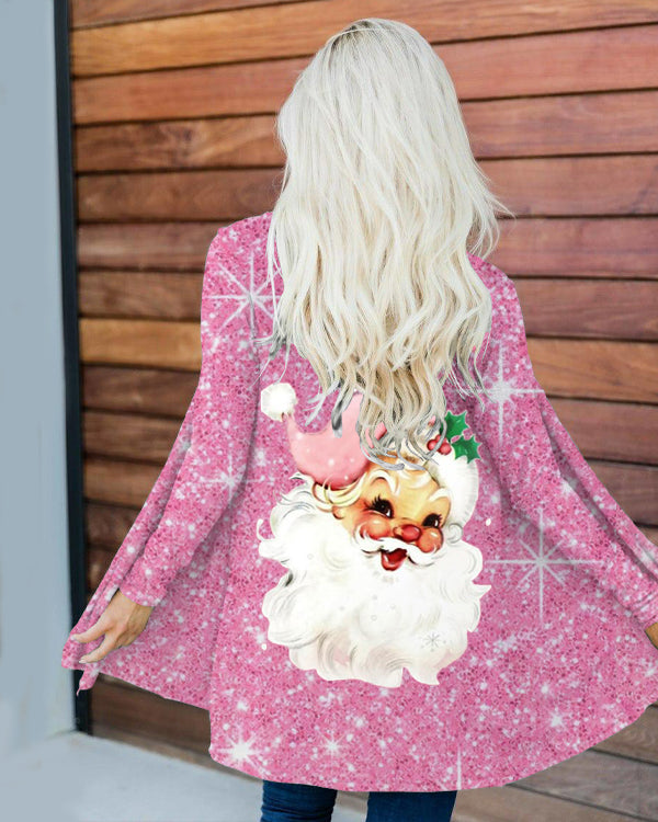 Pink Christmas Santa Print Loose Cardigan