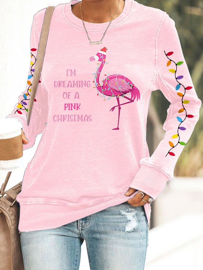 Christmas Flamingo Print Sweatshirt