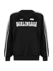 Vintage Letter Print V Neck Piping Long Sleeve Tee
