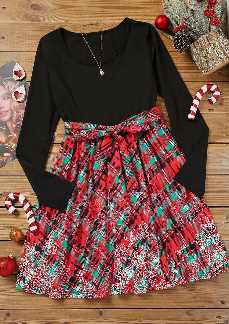 Christmas Snowflake Plaid Tie Mini Dress