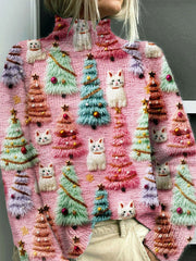 Vintage Cute Cat Christmas Tree Print Knit Turtleneck Pullover Sweater