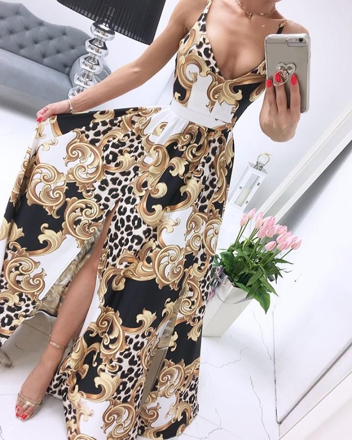 Spaghetti Strap Leopard Paisley Print High Slit Maxi Dress