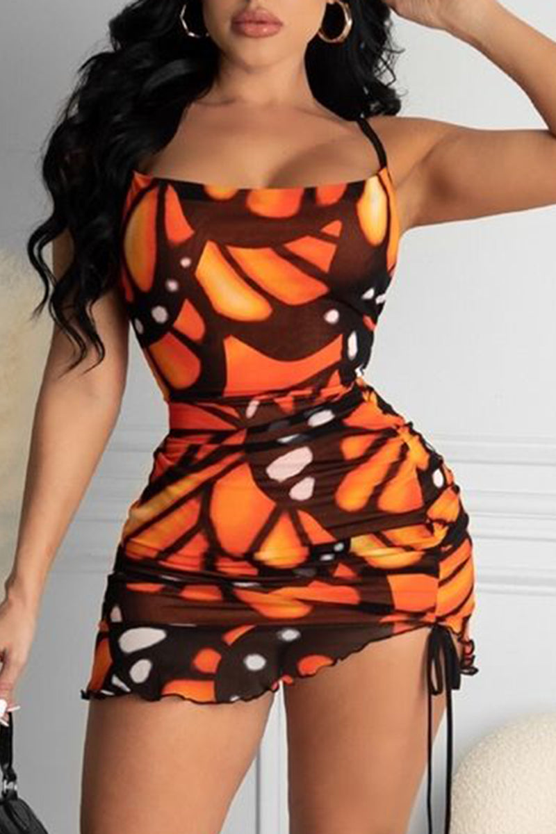Allover Print Drawstring Ruched Mini Cami Dress