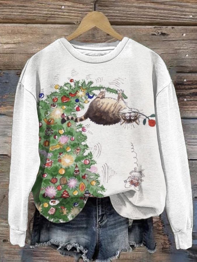 Christmas Tree And Cat Print Casual Sweatshirt