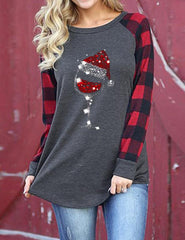 Christmas Hat Wine Plaid Splicing Long Sleeve Blouse