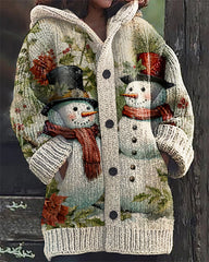 Vintage Christmas Snowman Print Casual Hooded Cardigan