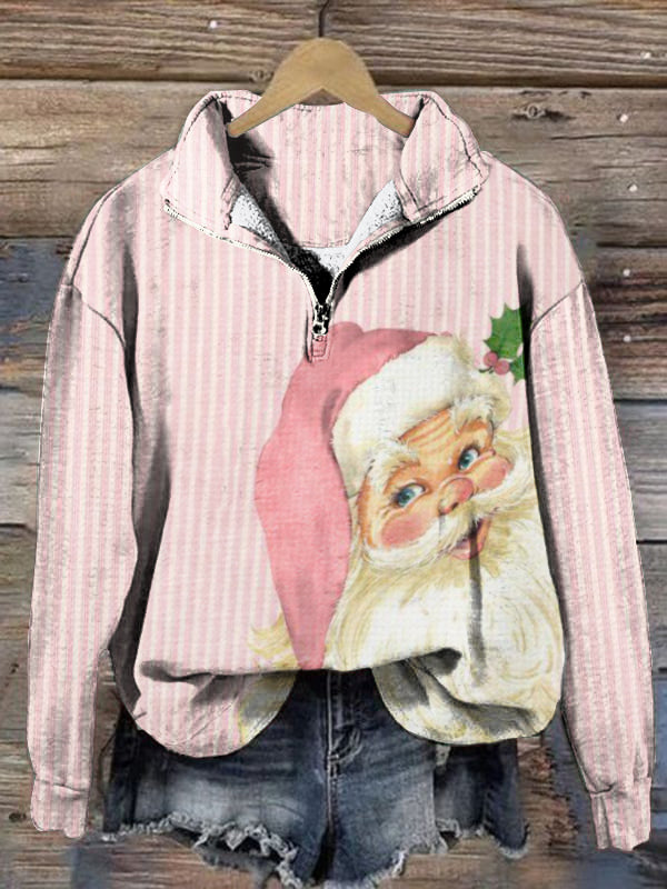 Vintage Pink Christmas Santa Print Zip Lapel Sweatshirt
