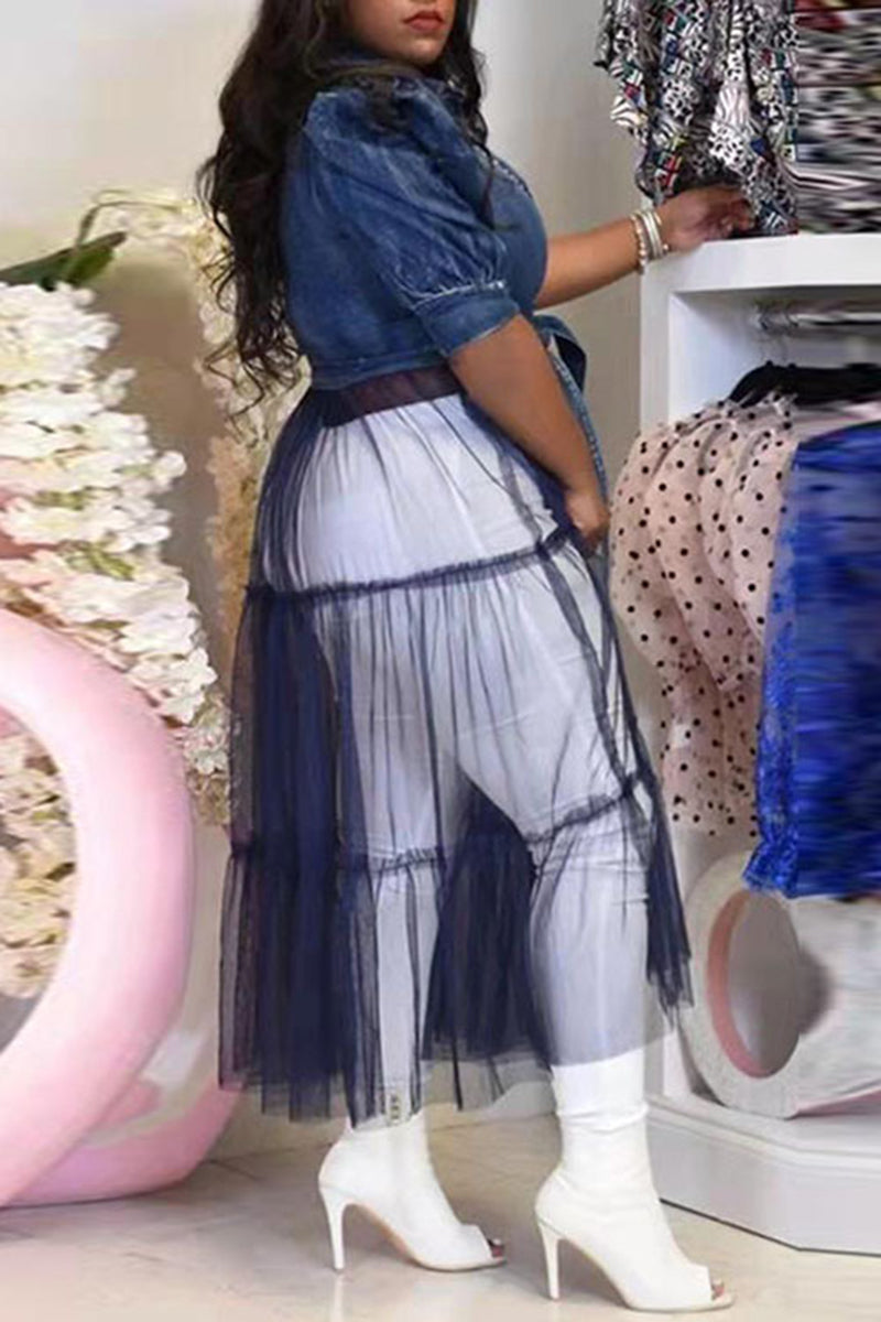 Contrast Mesh Belted Puff Sleeve Denim Dress