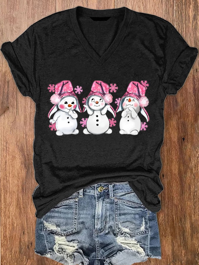 Pink Christmas Snowman Print V-Neck T-Shirt