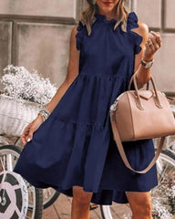 Ruffles Trim Ruched Short Sleeve Casual Dress