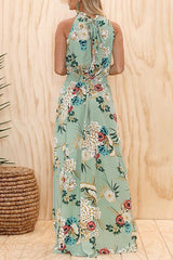 Fashion Round Neck Floral Print Green Dress