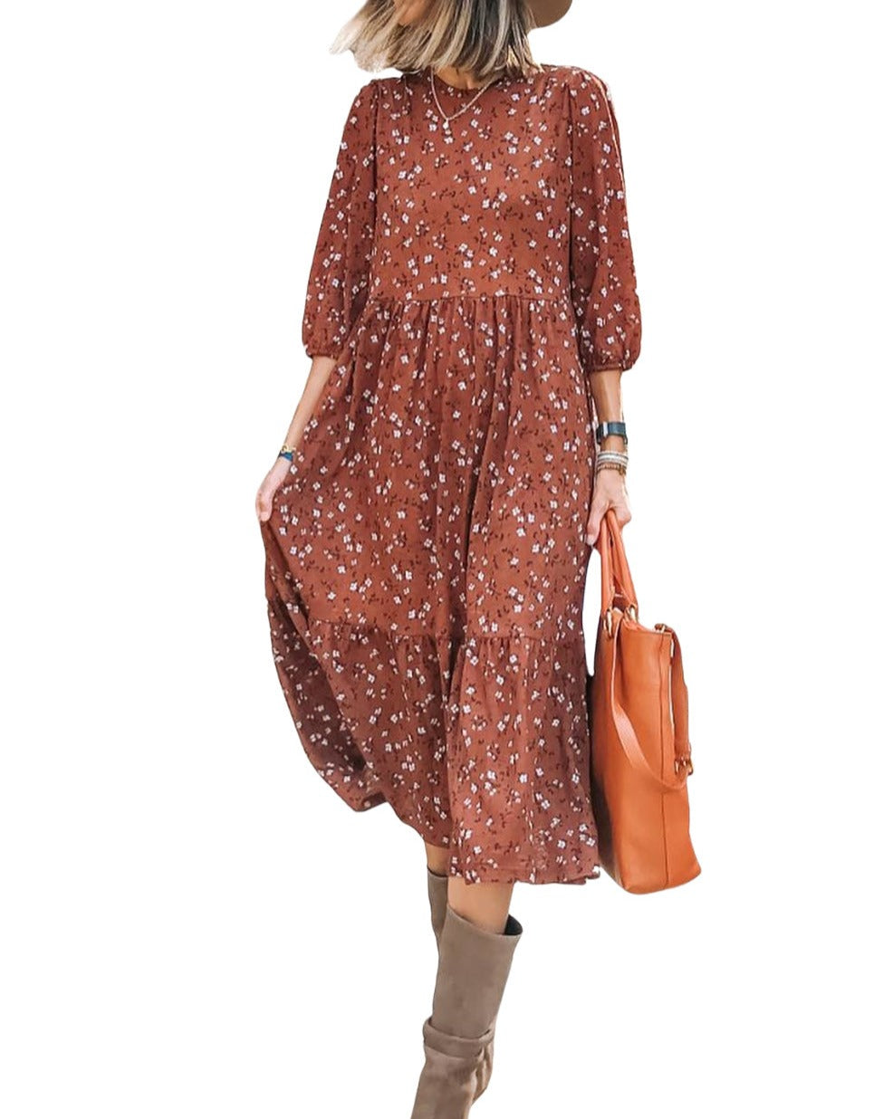 Floral 3/4 Sleeve Ruffle Midi Dress