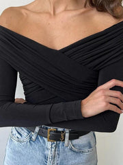 Solid Crossover Pleated Long Sleeve Tee