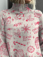 Simple Christmas Pattern Printed Knit Turtleneck Pullover Sweater