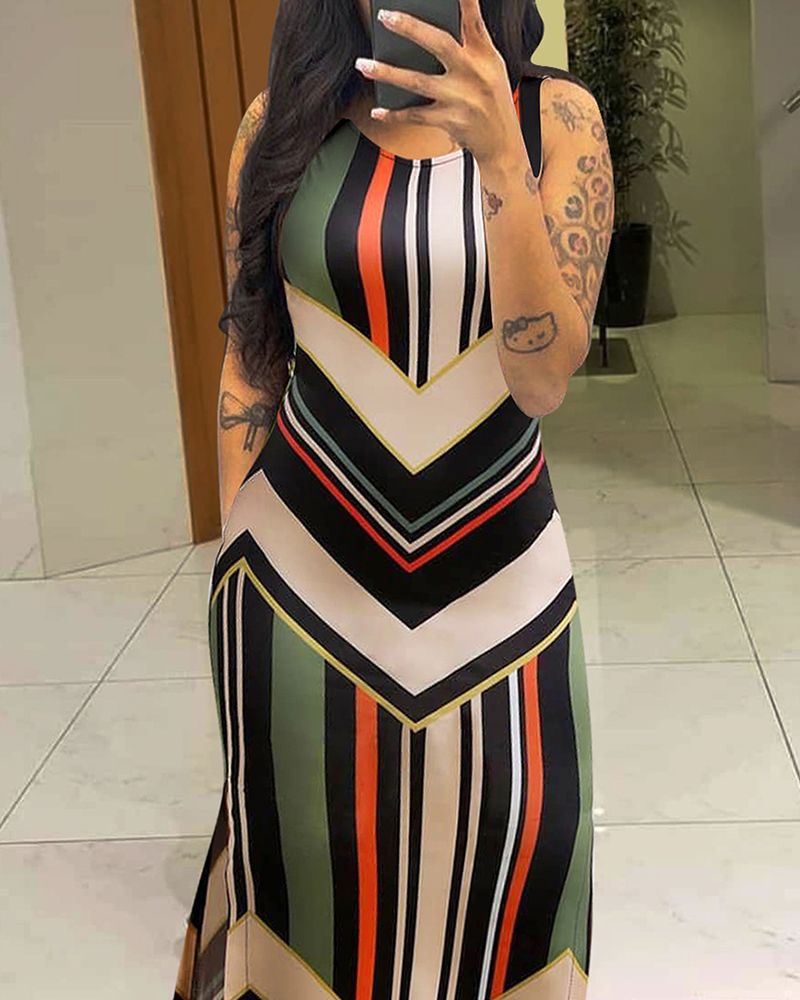 Colorblock Chevron Pattern Slit Sleeveless Bodycon Dress