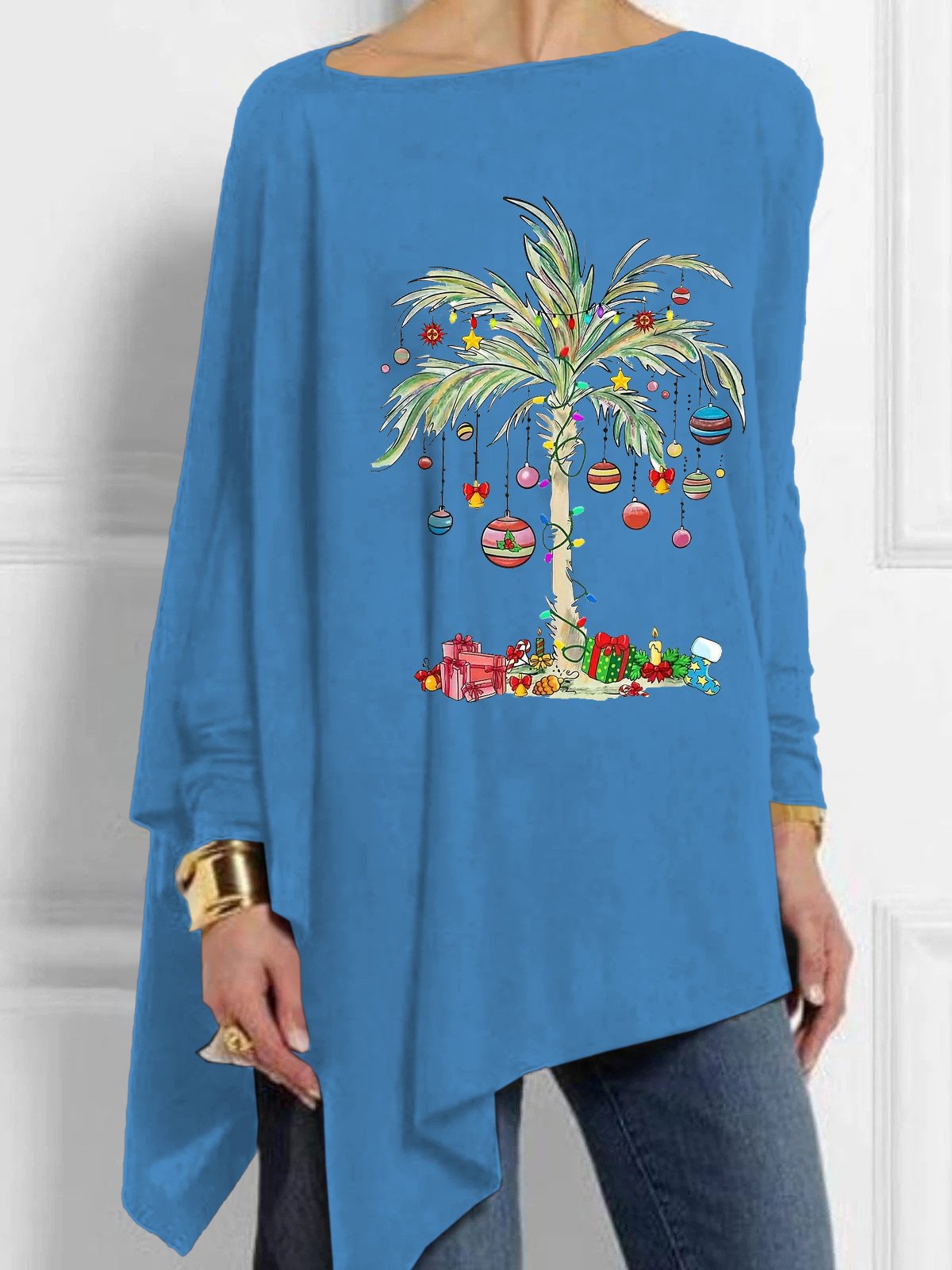 Christmas Palm Tree Round Neck Casual Irregular T-Shirt