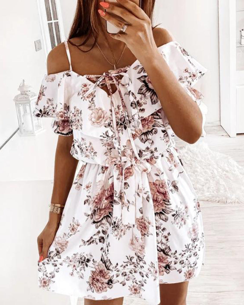 Floral Print Tie Front Ruffle Trim Belted Cold Shoulder Dress