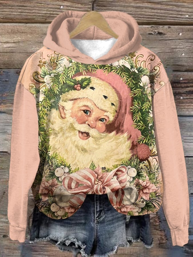 Vintage Pink Santa Print Hoodie Long Sleeve Sweatshirt