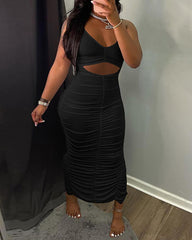 Halter Backless Cutout Ruched Slit Maxi Dress