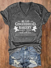 Mrs Claus Gingerbread Bakery Christmas Cookies Print V-Neck T-Shirt