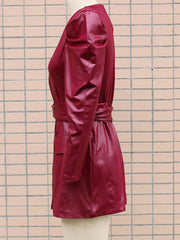 Burgundy Long Sleeves Sash PU Leather Short Mini Dress