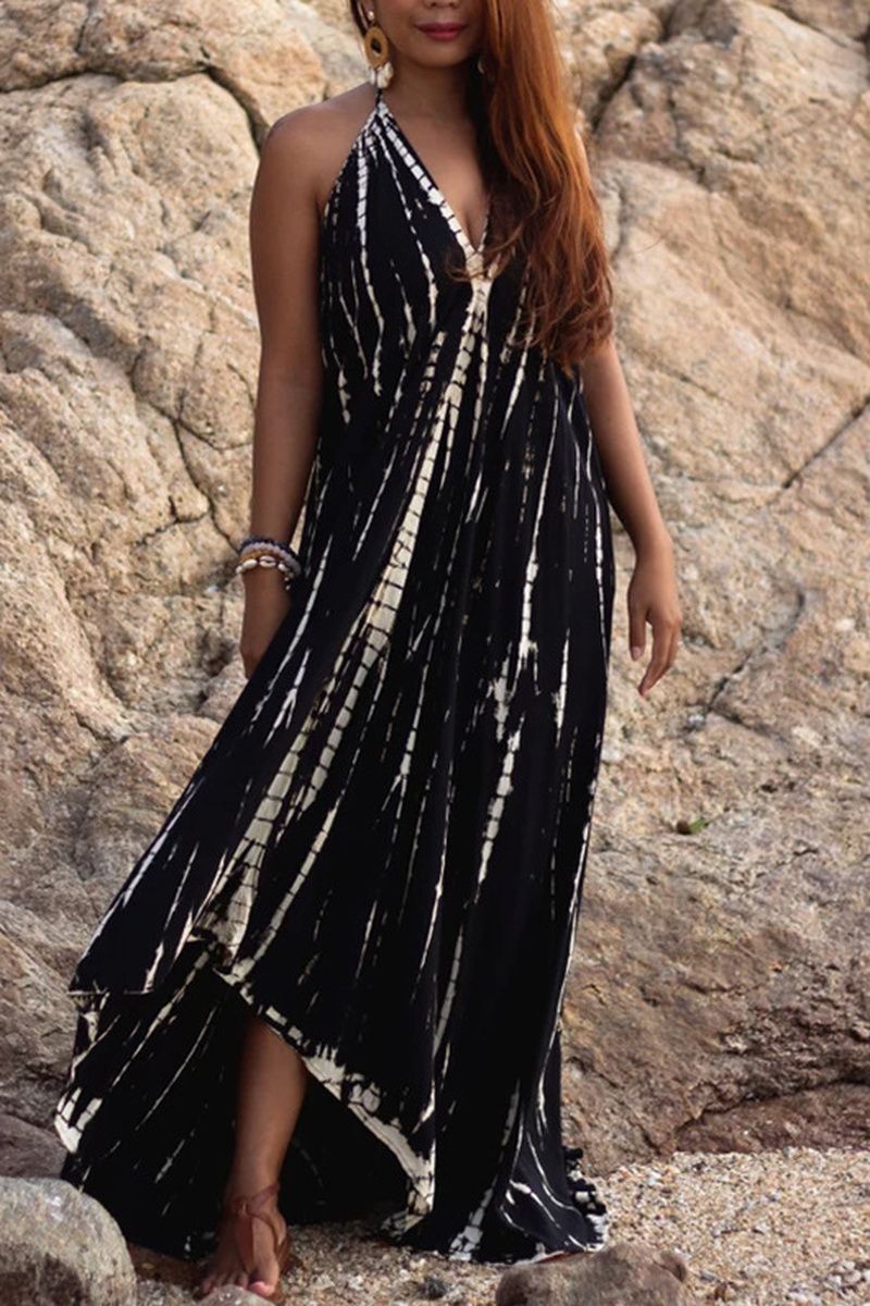 Allover Print Backless Halter Maxi Dress