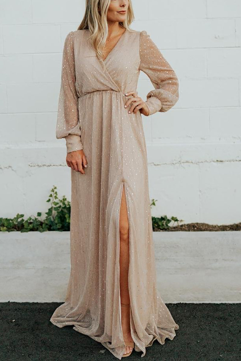 Sparkle Puff Long Sleeve Slit Maxi Dress