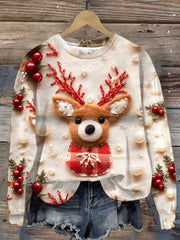 Cute Retro Reindeer Print Long Sleeve Sweatshirt