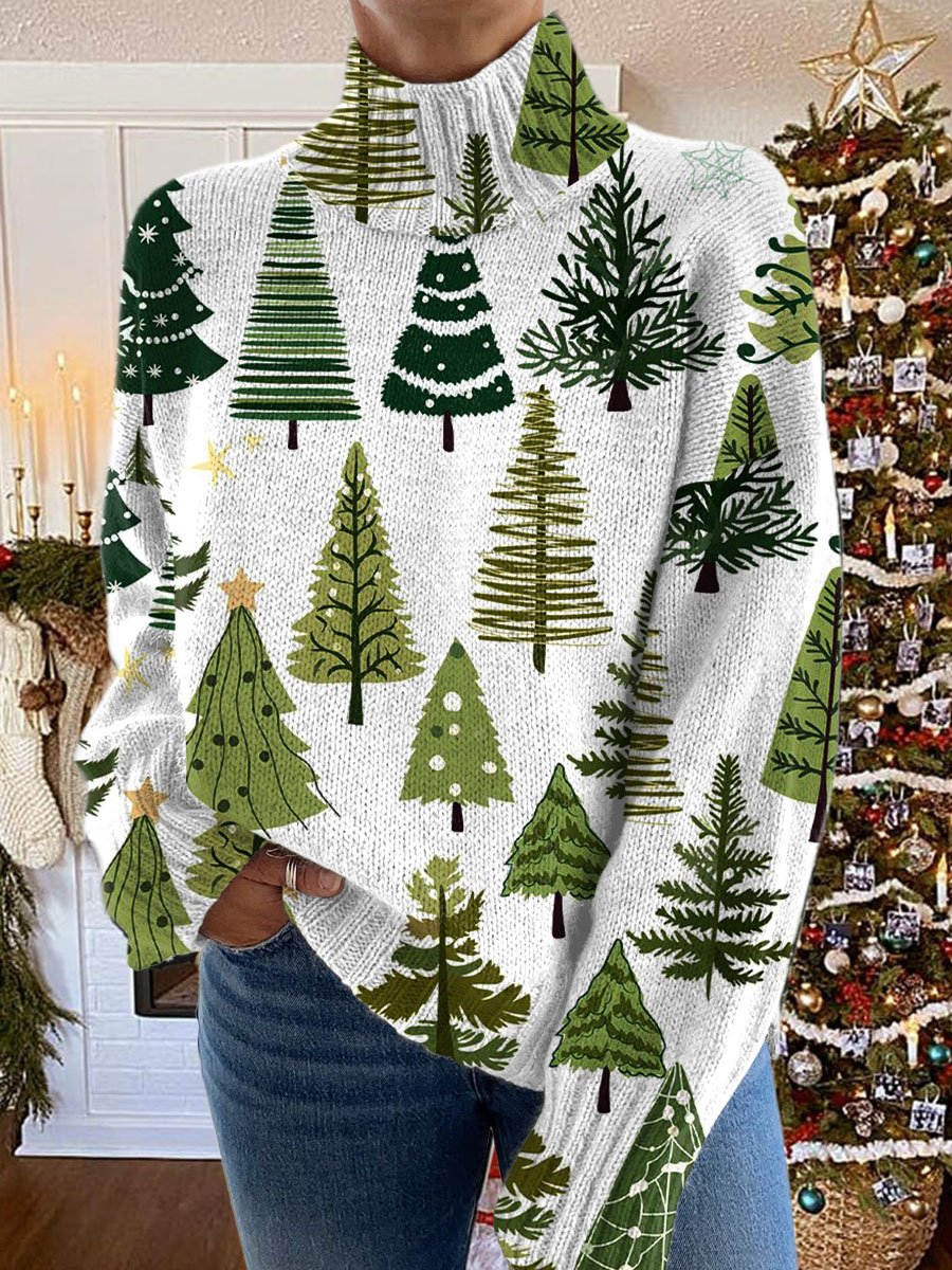 Christmas Tree Print Knit Turtleneck Pullover Sweater