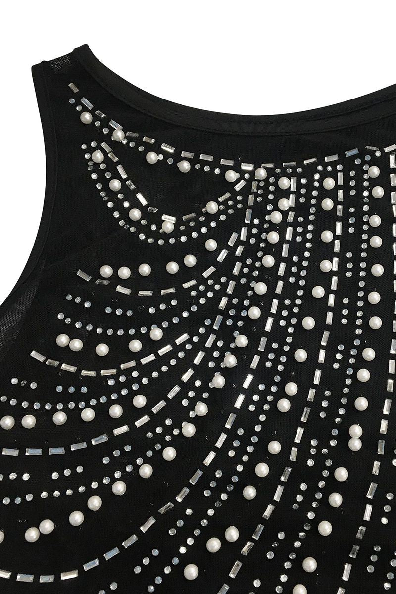 Contrast Mesh Rhinestone & Faux Pearls Decor Bodycon Dress