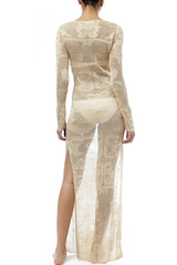 Apricot Lace Up Crochet Sheer Slit Long Beach Cover Up Dress
