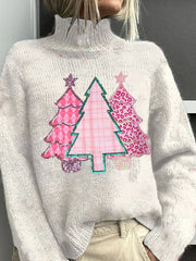 Christmas Tree Print Knitted Turtleneck Pullover