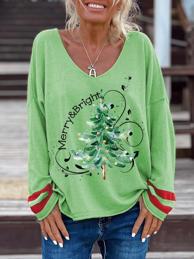 Merry And Bright Christmas Tree🎄 Print Casual Long-Sleeve T-Shirt