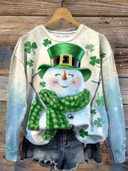 Women's Clover Snowman Print Round Neck Long Sleeve Top