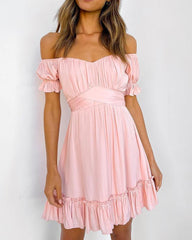 Solid Color Off Shoulder Ruffle Hem Short Sleeve Mini Dress
