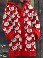 Cute Christmas Cat Print Knitted Hooded Cardigan