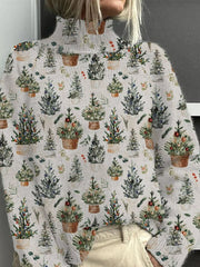 Literary Merry Christmas Floral Print Casual Turtleneck Top