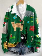 Christmas Cat Art Print Buttoned V-neck Cardigan Sweater